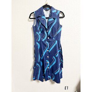 Fenno Sport Womens 80's Button Up Belted Dress Sleeveless Abstract Blue Size 6